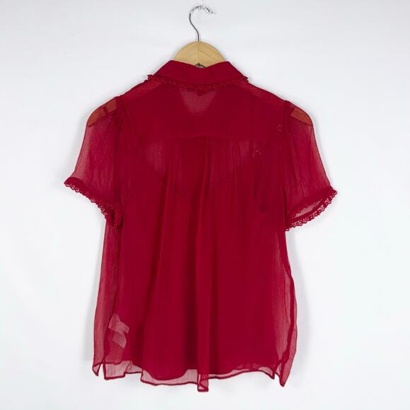 J Crew Women's Sheer Lace Trim Button Up Shirt Size 0 Red Short Sleeve - Picture 8 of 16